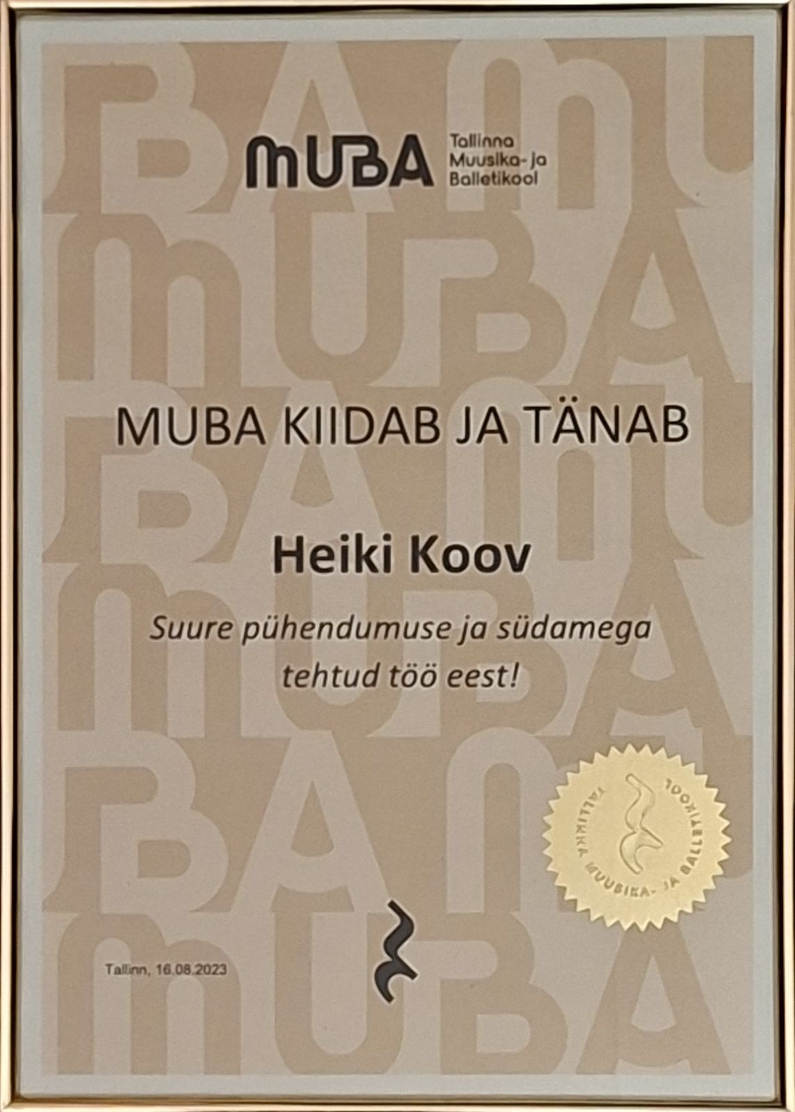 Heiki Koov, MUBA tänukiri