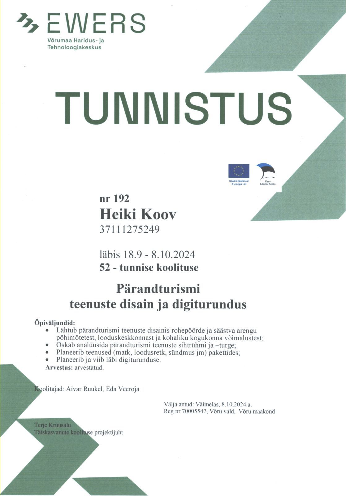 Heiki Koov, pärandturismi koolitus