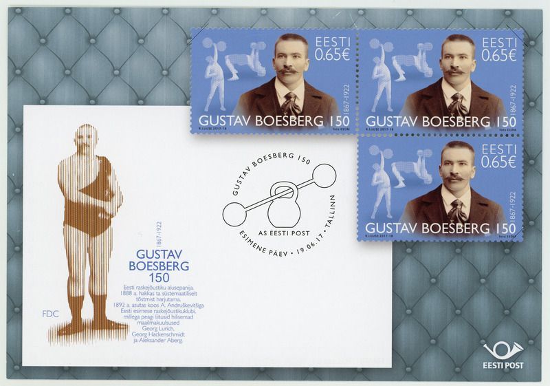 Esimese päeva ümbrik Gustav Boesberg 150, 19.06.2017 ESM Fp 3487:6 P 724, Eesti Spordi- ja Olümpiamuuseum SA, http://www.muis.ee/museaalview/4292282. 