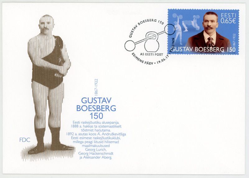 Esimese päeva ümbrik Gustav Boesberg 150, 19.06.2017 ESM Fp 3487:6 P 724, Eesti Spordi- ja Olümpiamuuseum SA, http://www.muis.ee/museaalview/4292282. 